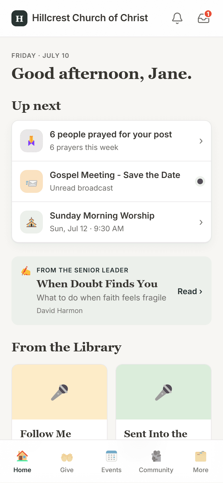 The WayHouse member portal home screen: a personal greeting, an “Up next” feed of prayers, broadcasts and services, and a note from the senior leader.