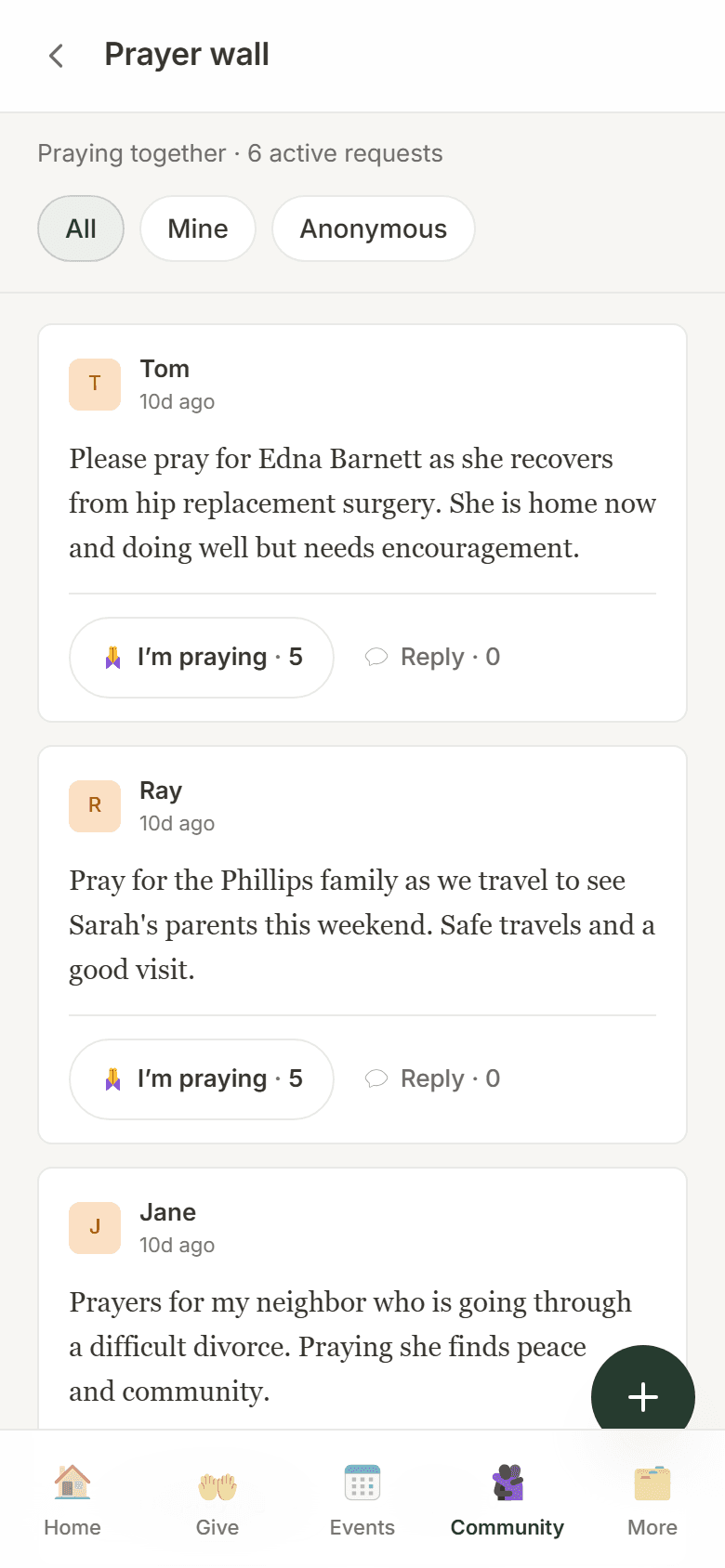 The WayHouse member prayer wall: active requests from members with “I’m praying” and reply counts.