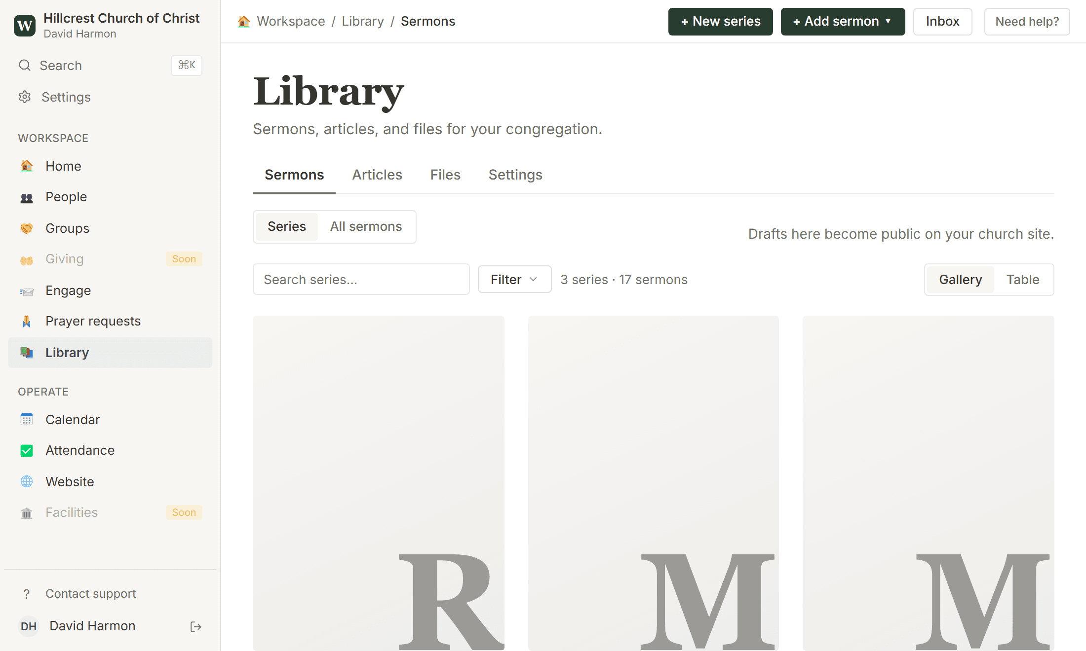 The WayHouse Sermons library, showing series covers and recent talks in a tidy grid.